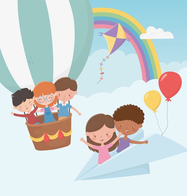 Happy childrens day, kids flying with paper plane and hot air balloon