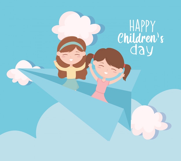 Happy childrens day, little girls on paper plane playing sky cartoon