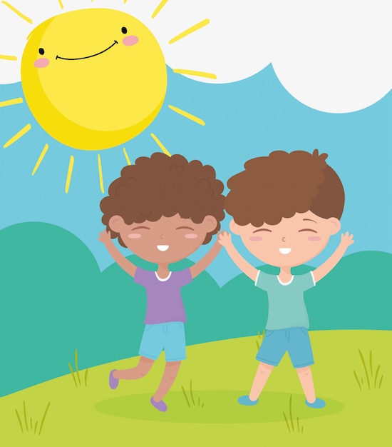 Happy childrens day, smiling little boys celebrating outdoors cartoon