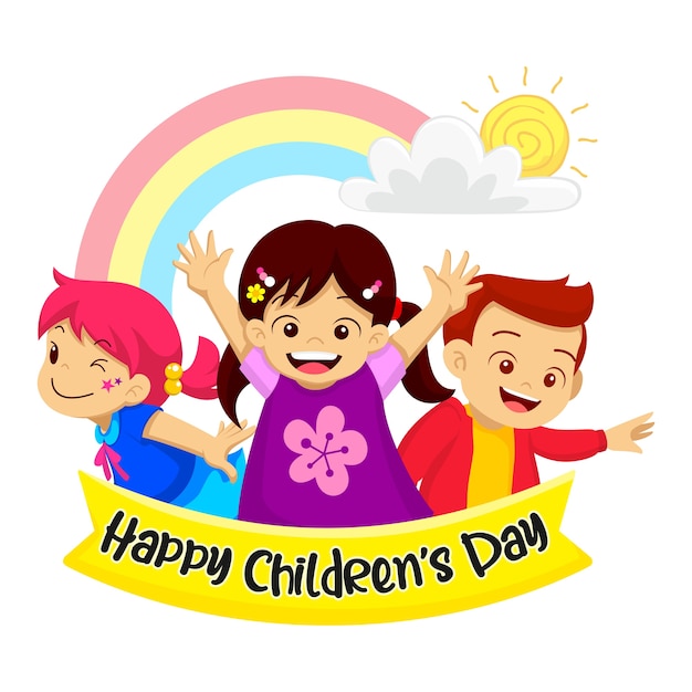 Happy childrens day. The three children smiled happily. With the rainbow as the bakcground