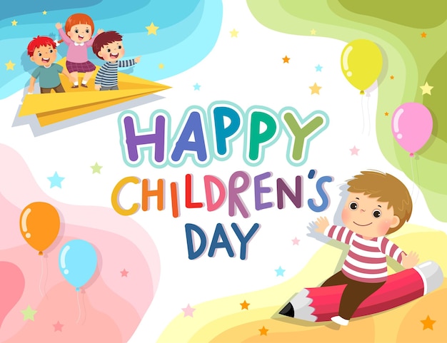 Happy Childrens Day vector background with happy kids on the pencil and paper airplane