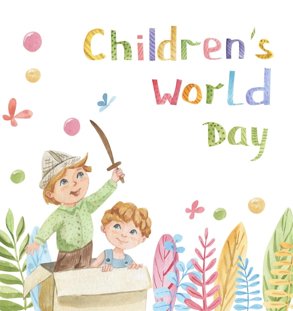 Happy childrens day watercolor illustration boys playing pirates