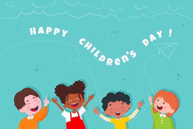 Happy childrens day with boys and girls cartoons design International celebration theme