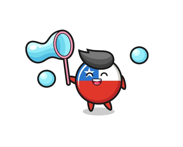 Happy chile flag badge cartoon playing soap bubble