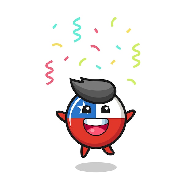 Happy chile flag badge mascot jumping for congratulation with colour confetti