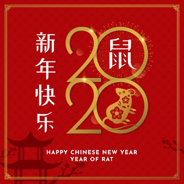 Happy Chinese New Year 2020 poster template with decorative mouse illustration on red asian pattern background.