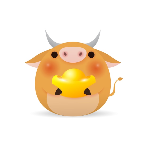 Happy Chinese new year 2021, cute Little cow holding Chinese gold, the year of the ox zodiac, Cartoon illustration isolated on white background.