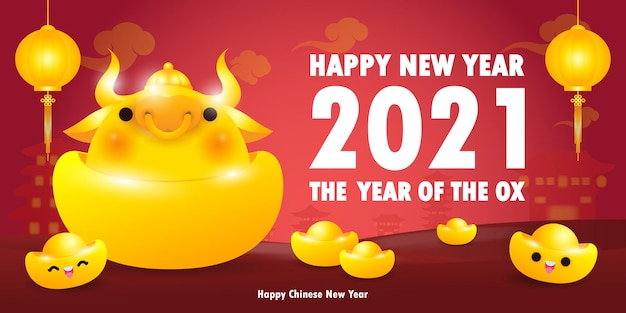 Happy Chinese new year 2021 greeting card, Golden ox with gold ingots the year of the ox zodiac.