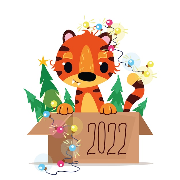 Happy Chinese New Year 2022 little tiger cub in a box year of the zodiac animal