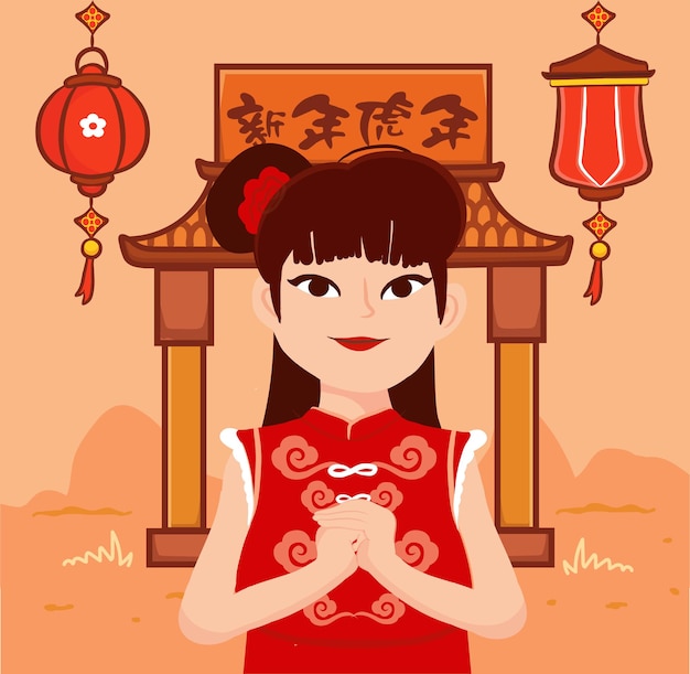 Happy chinese new year 2022 with beautiful chinese girl flat cartoon