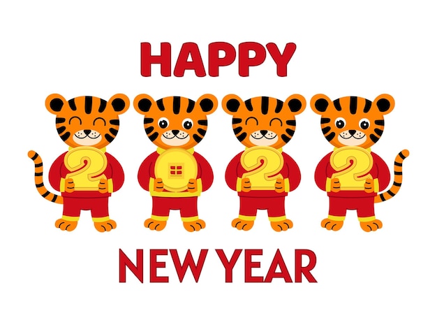 Vector happy chinese new year 2022 with cute cartoon tiger in red costume holding numbers in their hands