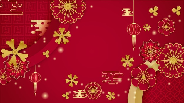 Happy Chinese new year 2022. Year of Tiger character with asian elements and flower with craft style on background. Universal Chinese background with red and gold color theme