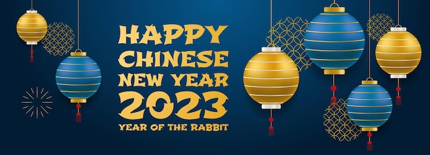 Happy Chinese new year 2023 Chinese lanterns Greeting card China frame with lantern on blue background Vector illustration