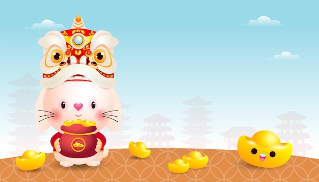 Happy Chinese new year 2023 greeting card cute rabbit and lion dance with chinese gold ingots