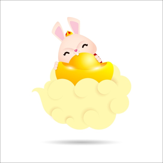 Happy Chinese new year 2023 rabbit riding a cloud and holding chinese gold ingots year of the rabbit