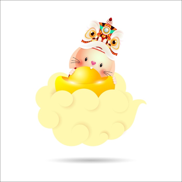 Happy Chinese new year 2023 rabbit riding a cloud and holding chinese gold ingots year of the rabbit