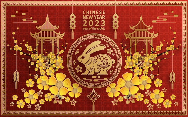 Happy chinese new year 2023 year of the rabbit zodiac with on color Background