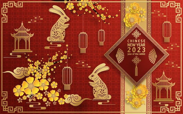 Happy chinese new year 2023 year of the rabbit zodiac with on color Background