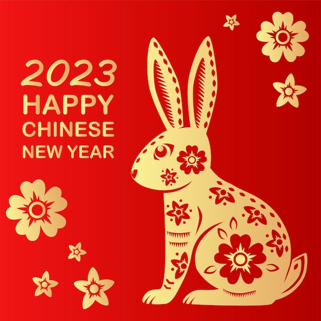 Happy Chinese new year 2023 Zodiac sign year of the Rabbit with red paper cut art on white color background with chinese flowers