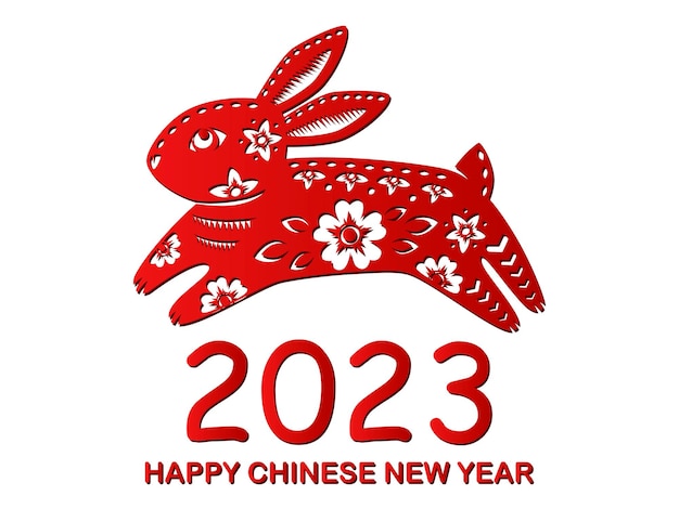 Happy Chinese new year 2023 Zodiac sign year of the Rabbit with red paper cut art on white color background