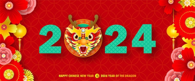 Happy chinese new year 2024 year of the dragon zodiac sign with flower,lantern, fan elements