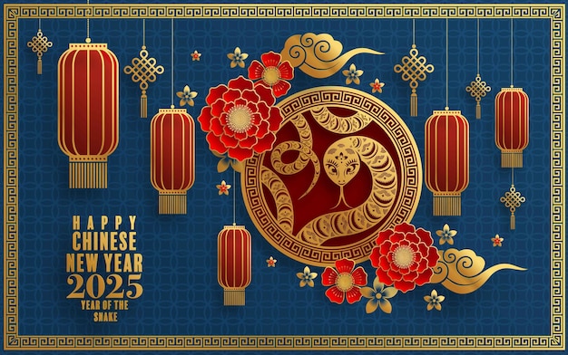 Happy chinese new year 2025 the snake zodiac sign paper cut style on color background