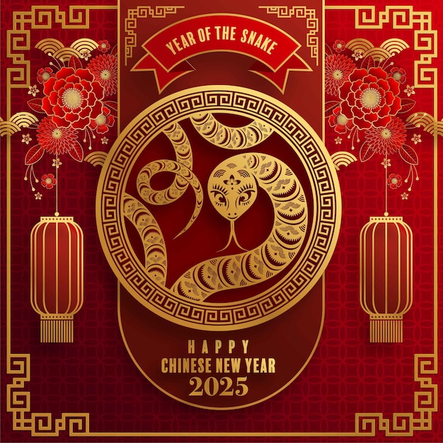 Happy chinese new year 2025 the snake zodiac sign paper cut style on color background