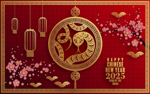 Happy chinese new year 2025 the snake zodiac sign paper cut style on color background