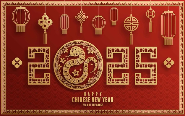 Happy chinese new year 2025 the snake zodiac sign with flowerlanternpatterncloud asian elements redgold paper cut style on color background Translation happy new year 2025 year of the snake