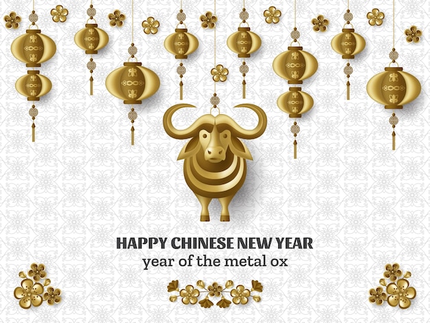 Happy Chinese New Year background with creative golden metal ox