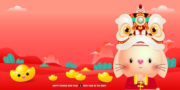 Happy Chinese new year greeting card 2023 cute rabbit with lion dance and chinese gold ingots