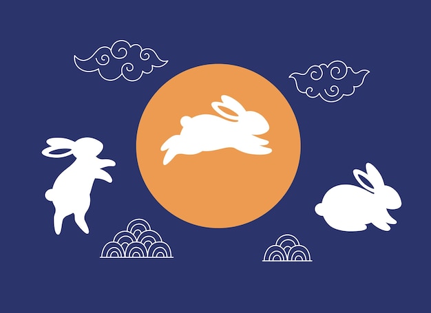 Happy Chinese New year greeting card with cute rabbits. Year of the Rabbit. Mid autumn festival