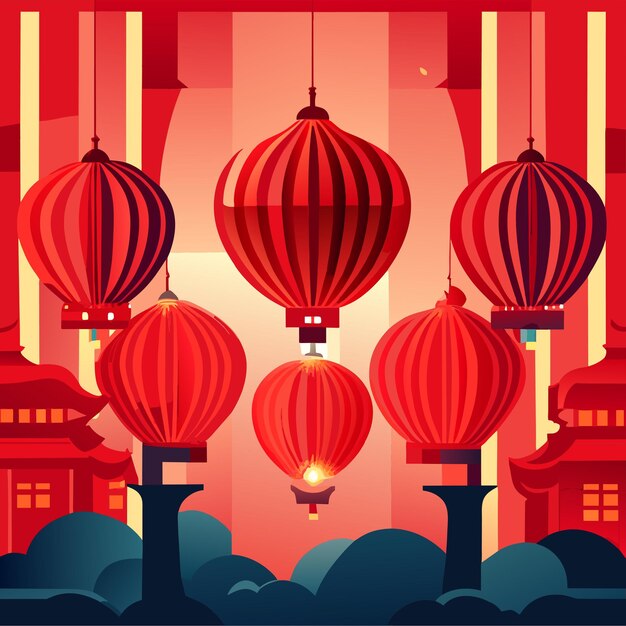 Vector happy chinese new year greetings with sakura flowers and lanterns