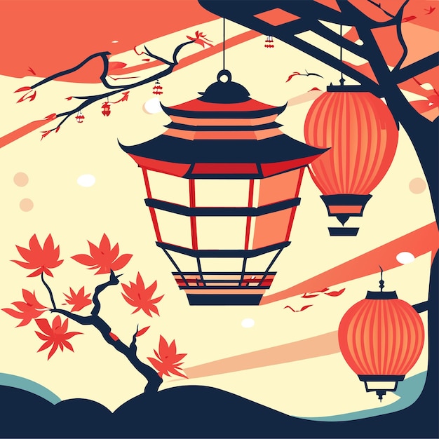 Happy chinese new year greetings with sakura flowers and lanterns