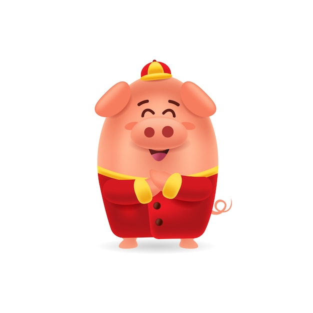 Happy Chinese New Year Little Pig with traditional Chinese costume greeting Gong Xi with isolated background