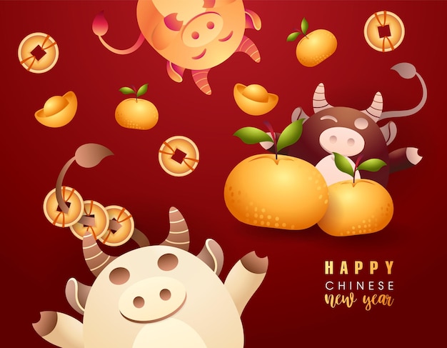 Happy Chinese New Year of ox Banner with funny ox holding gold yuan ingot and orange Oriental mascot