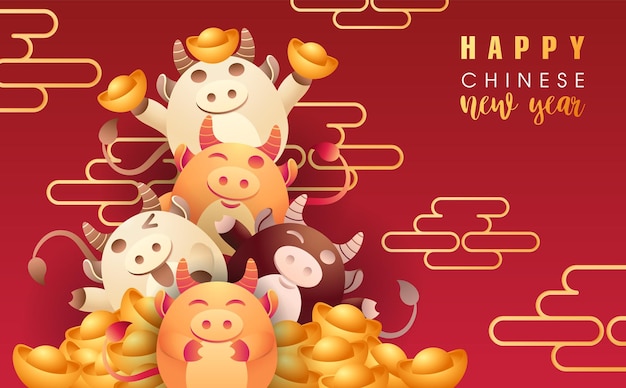 Happy Chinese New Year ox greeting card Cute little cow and Chinese gold ingot flat clouds design