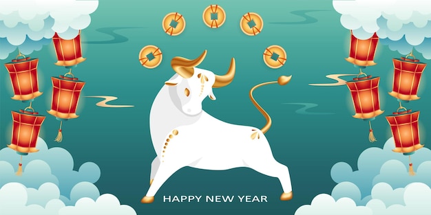 Happy Chinese New Year of ox Symbol of year with coins and lanterns White Taurus with golden horn