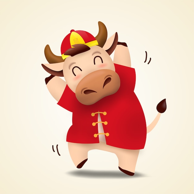 Happy Chinese new year  Ox zodiac. Cute cow character in red costume.