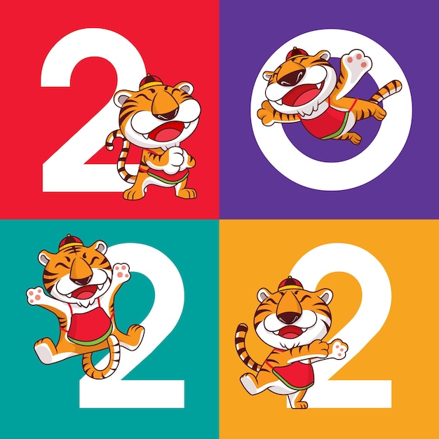 Happy Chinese New Year with cartoon cute tigers doing different poses on 2022 background