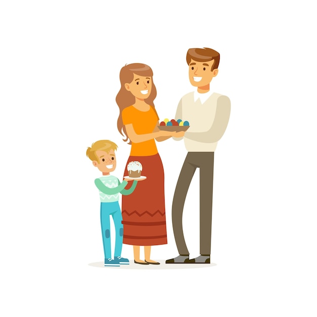 Happy Christian family mother father and little son People celebrating Easter holiday with traditional food eggs and cake Cartoon people characters Flat vector design