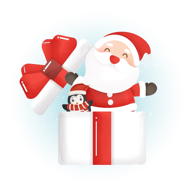 Vector happy christmas illustration with santa clause and penguin in a gift.