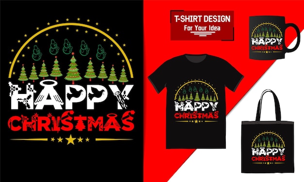 Happy christmas tshirt design bag and mug mockup for merchandising This design is perfect