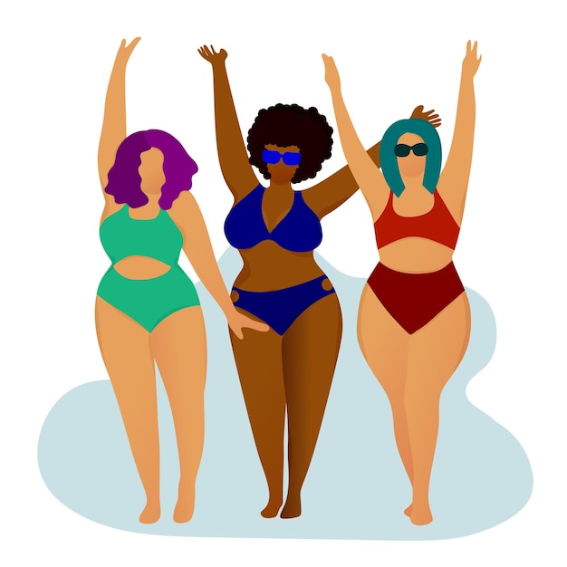 Happy chubby girls in swimsuits Body positive Love your body Girls on the beach Acceptance