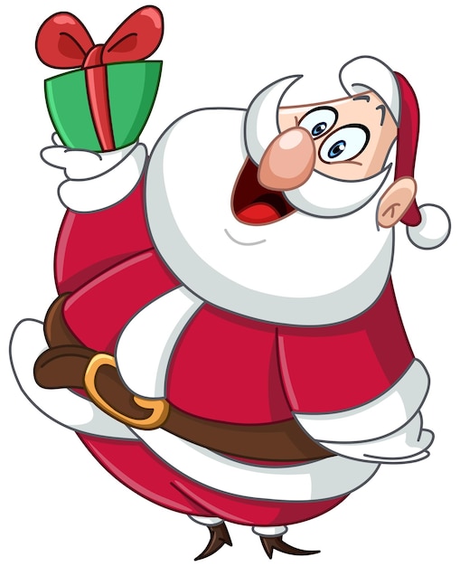 Vector happy chubby santa claus carrying a small christmas gift box