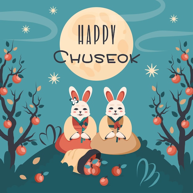 Happy Chuseok Chinese MidAutumn Festival Korean colorful greeting card for celebrations in Asia Cute bunny moon tree stars text template Vector cartoon illustration