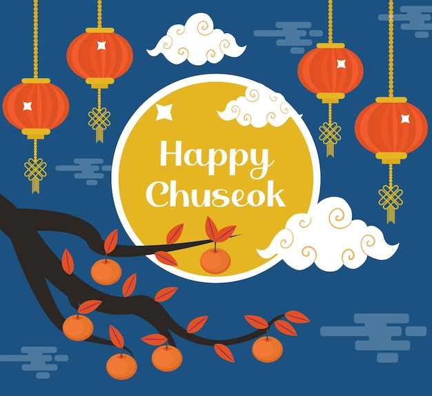 Happy Chuseok, Mid autumn festival card, poster template for your design. Persimmons Tree Branch, Korean Thanksgiving and Harvest Festival. Vector illustration.