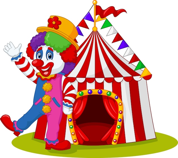 Happy clown waving with Circus tent on isolated background 