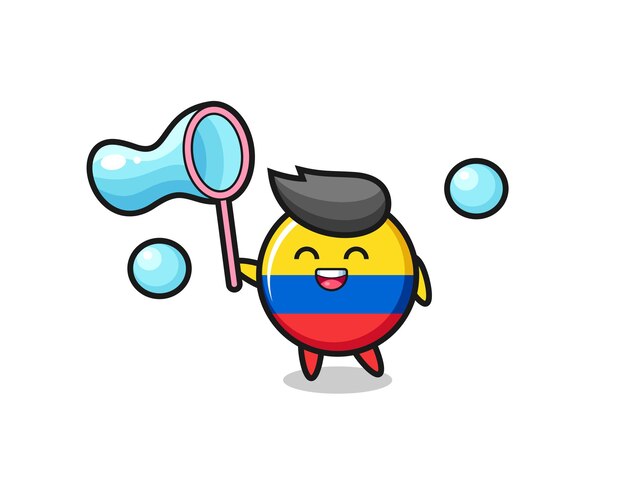 Happy colombia flag badge cartoon playing soap bubble