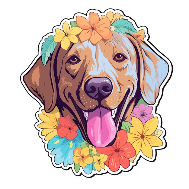 Vector happy colorful dog half face with flowers